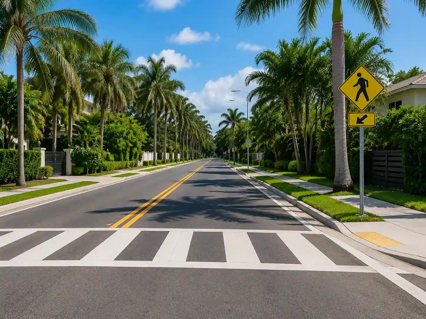 Maintained North Miami street with pedestrian sign and crosswalk